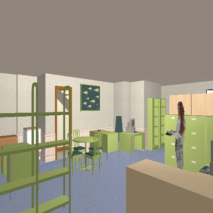 Render of front lobby office space